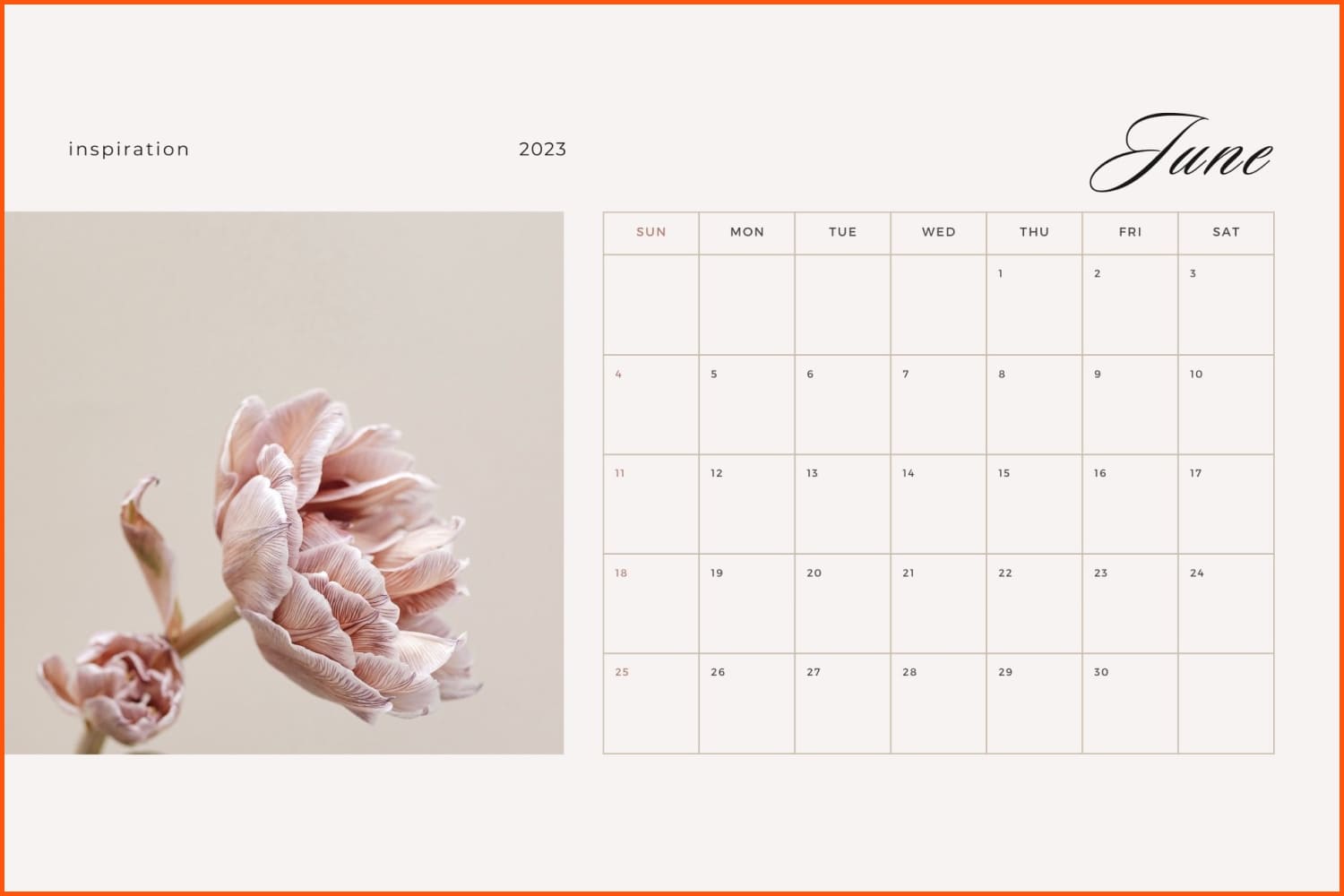 June calendar with beige flower photo.
