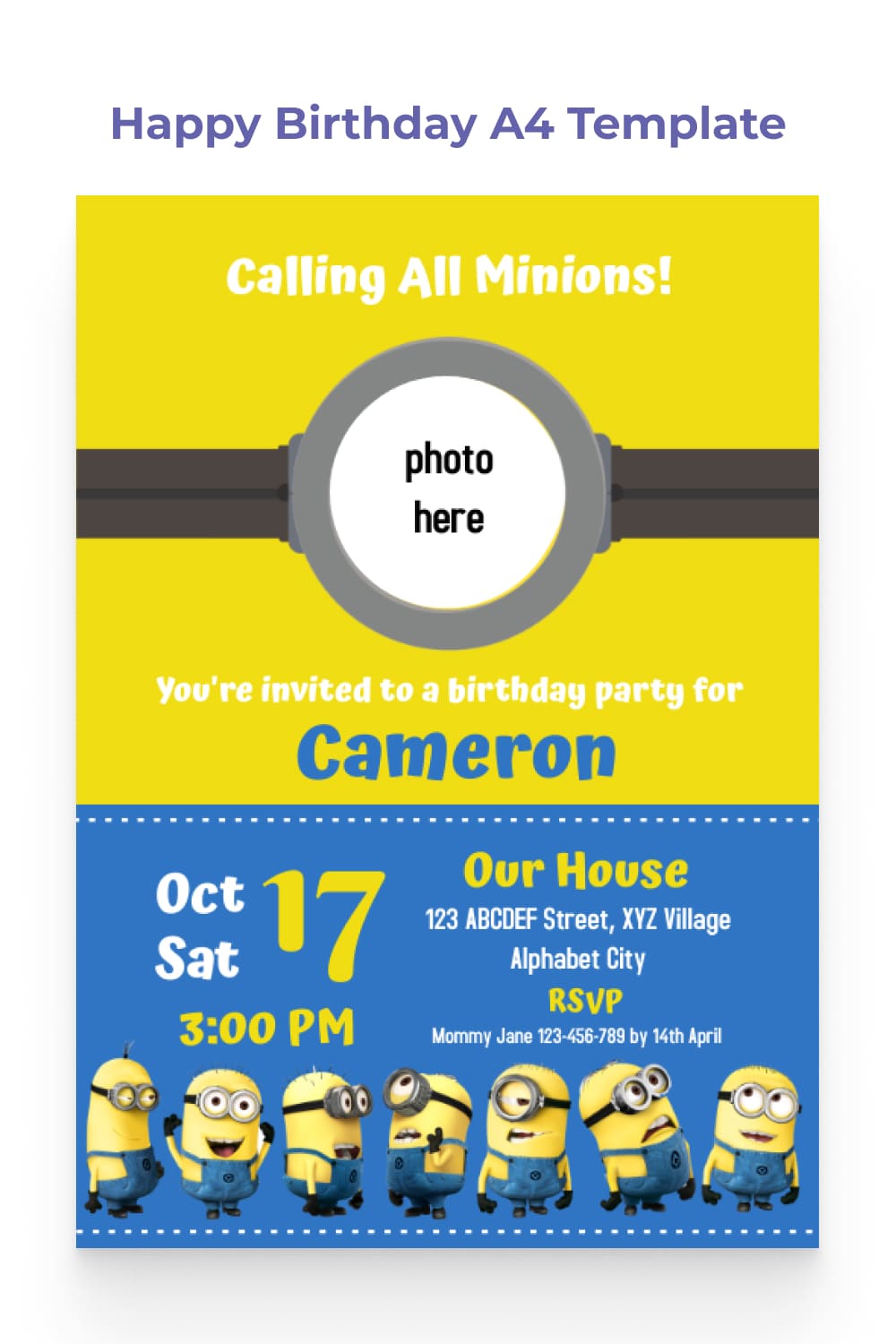 Minions birthday invitation with yellow and blue background.