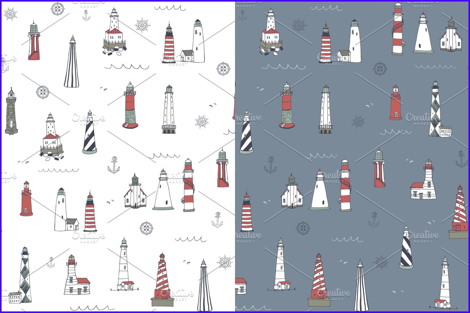 Image of patterns of lighthouses on a white and gray background.
