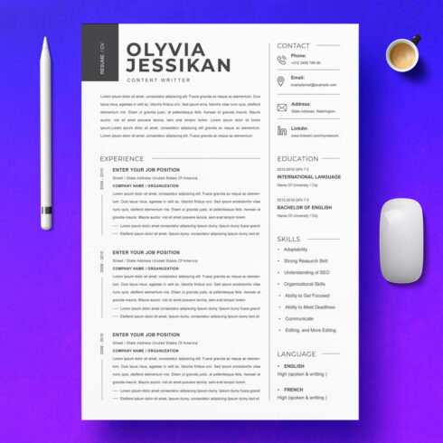 Content Writter Resume Template | Professional CV Template Design cover image.