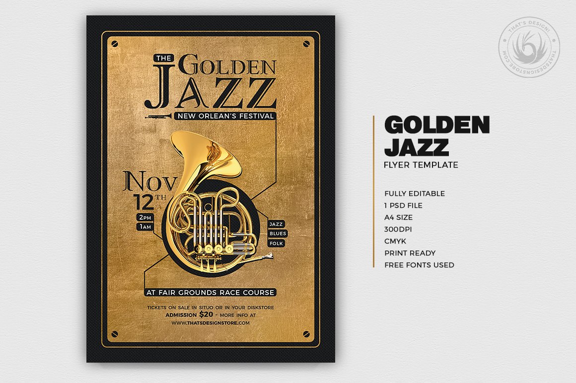 Golden Jazz Flyer Template V4 preview image.