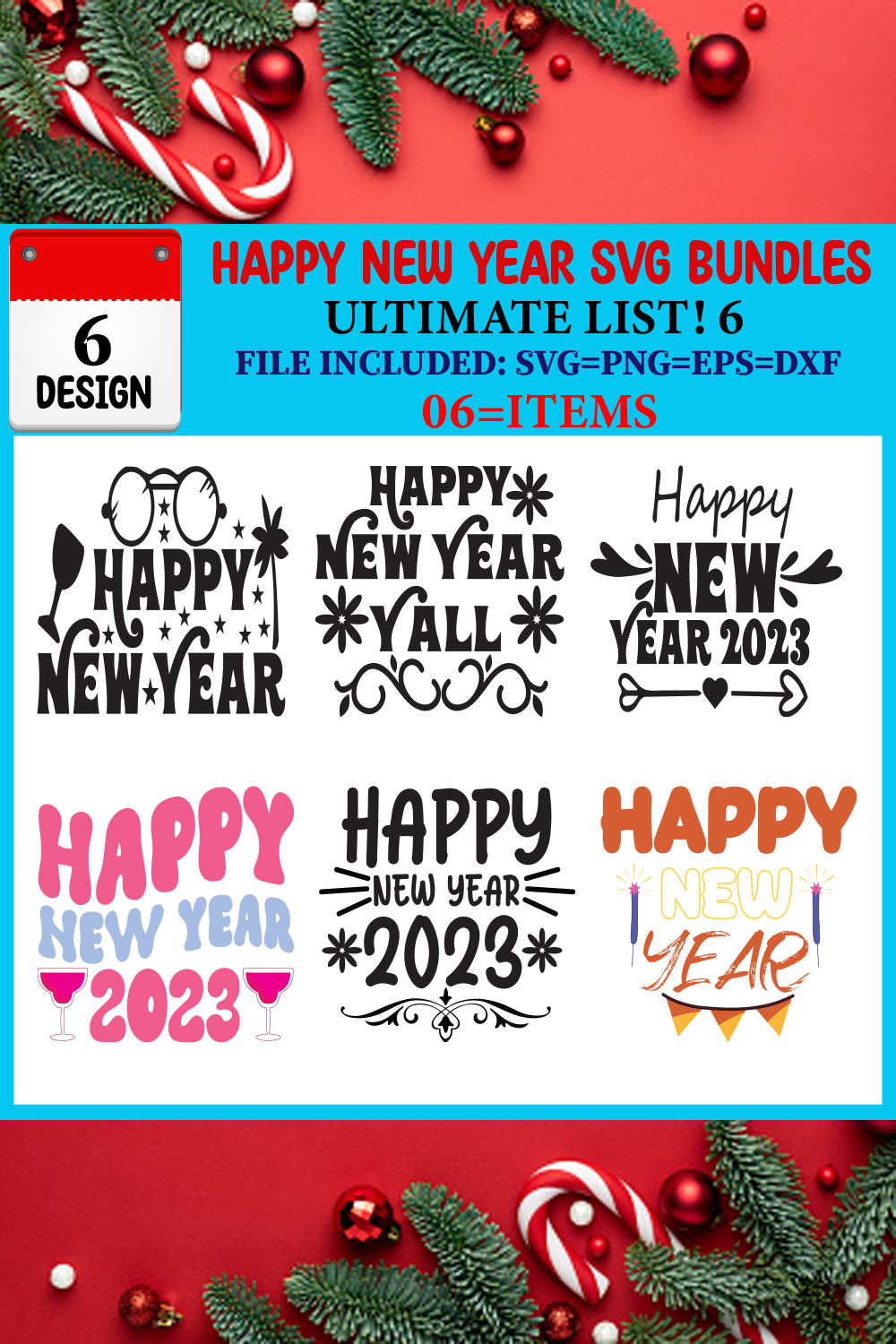 Happy New Year SVG T-shirt Design Bundle pinterest preview image.