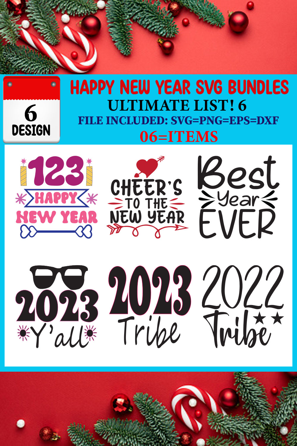 Happy New Year SVG T-shirt Design Bundle pinterest preview image.