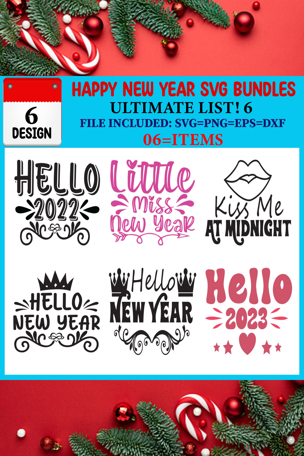 Happy New Year SVG T-shirt Design Bundle pinterest preview image.