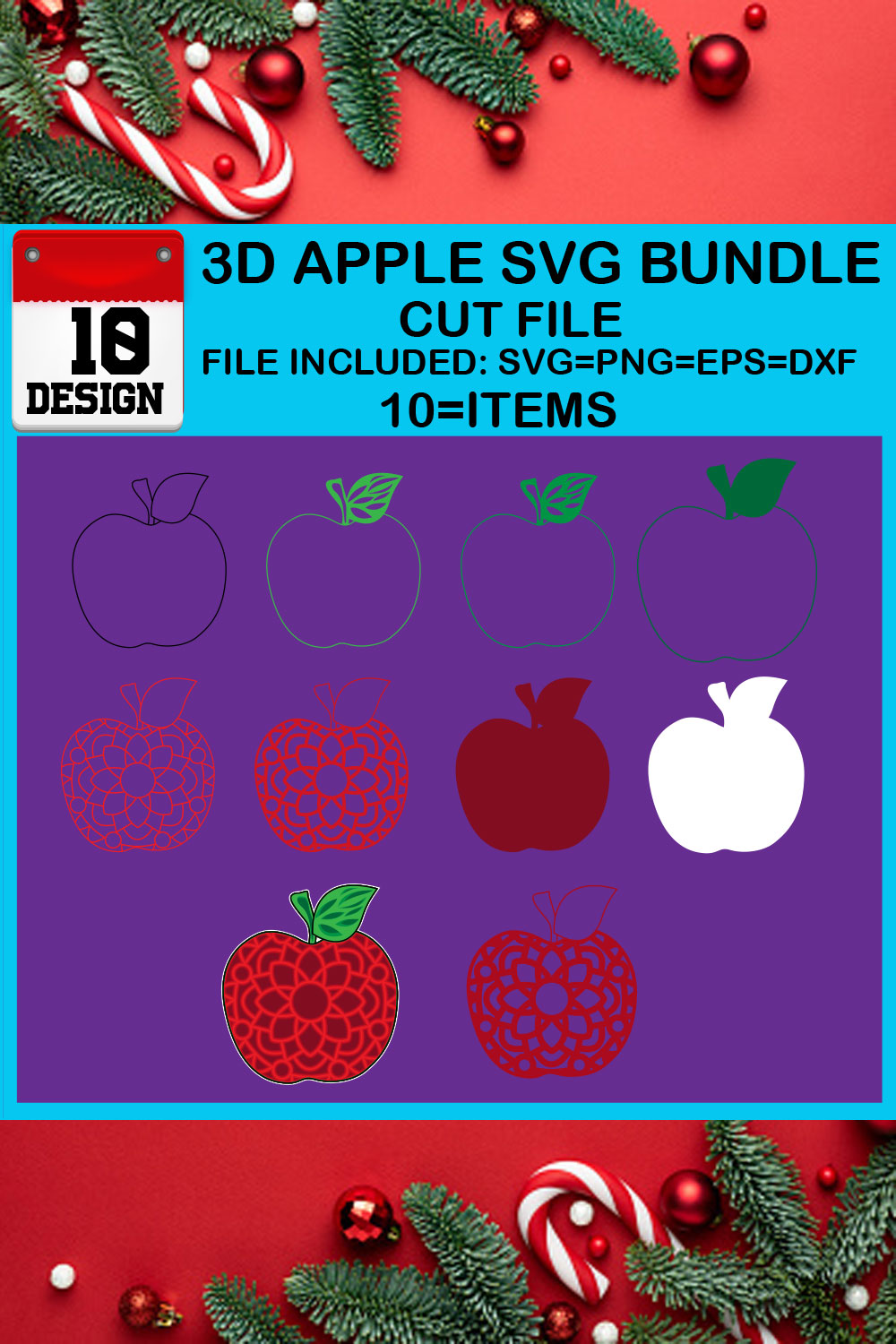 3D Apple SVG Bundle Cut File pinterest preview image.
