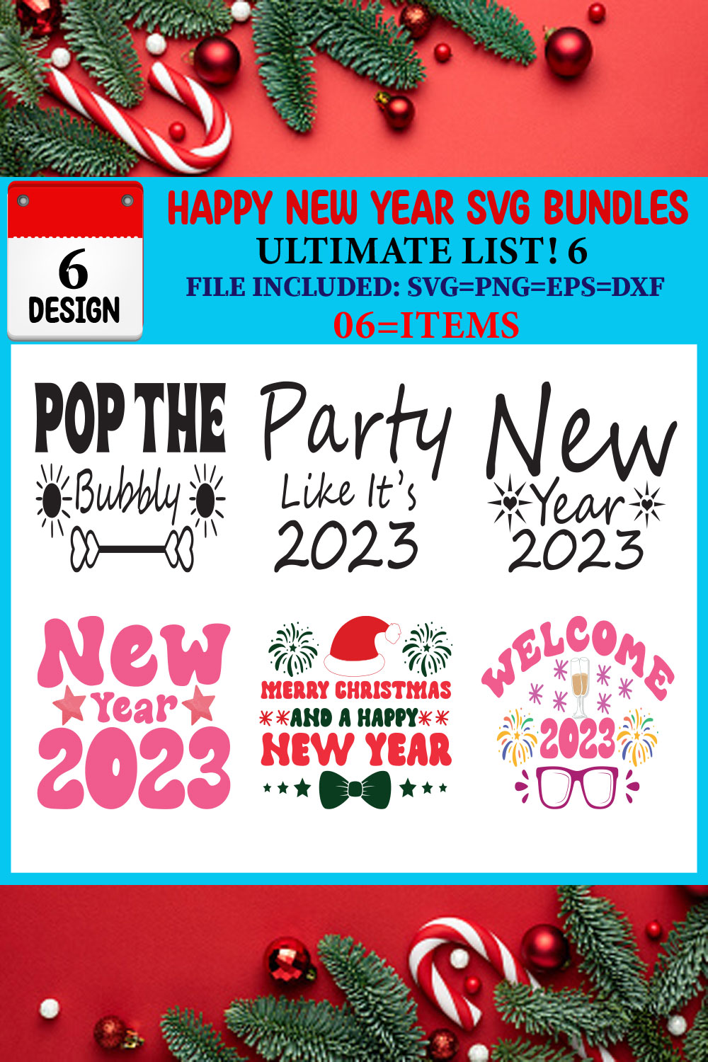 Happy New Year SVG T-shirt Design Bundle pinterest preview image.