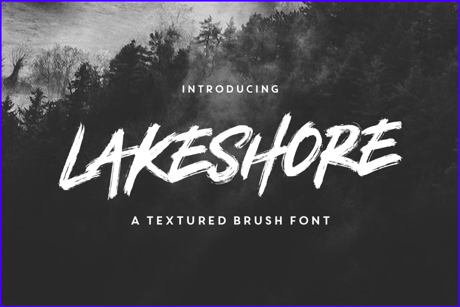 Text Lakeshore on the background of a black and white photo of the forest.
