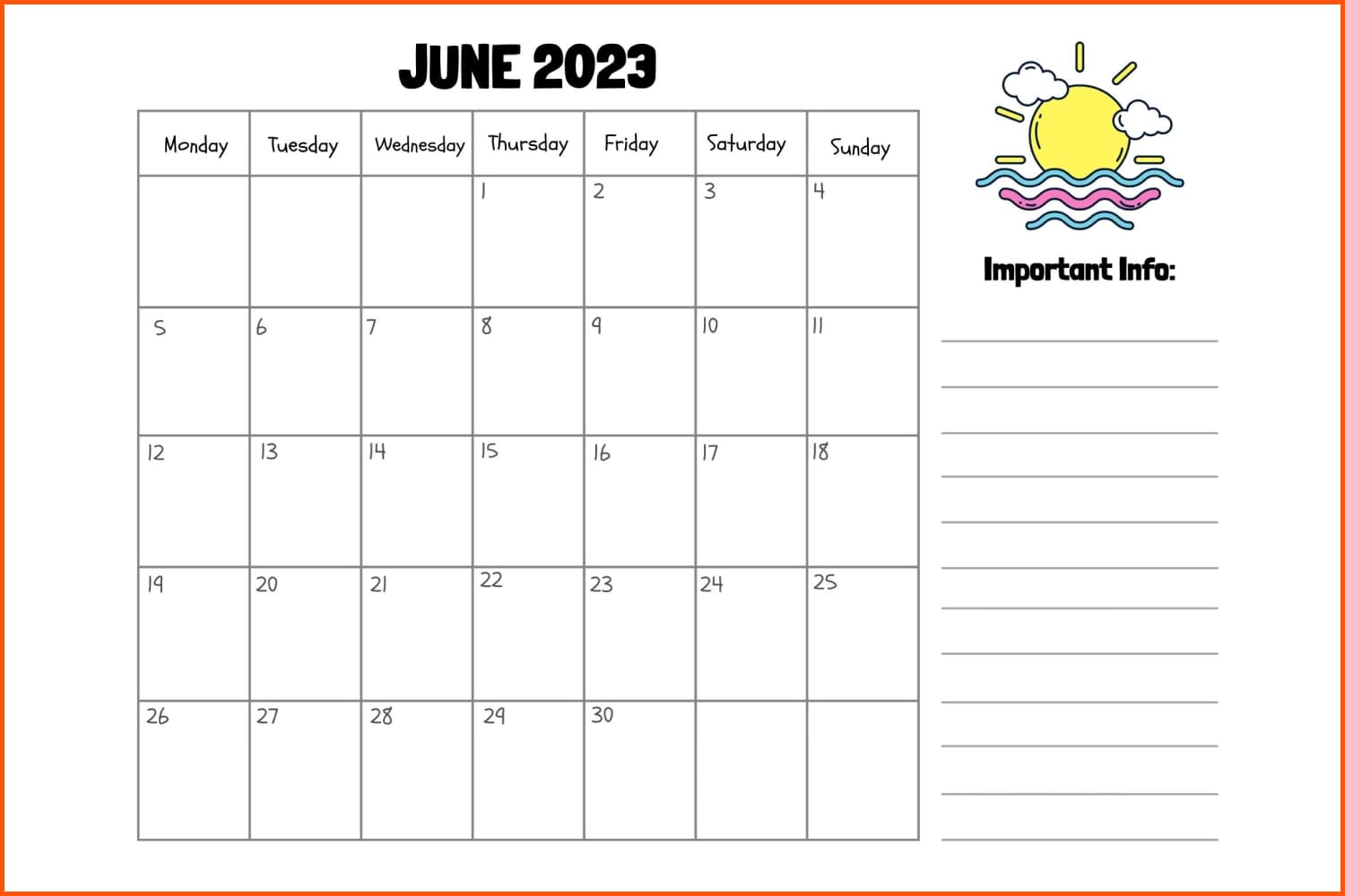 June calendar with sun pattern and space for notes.