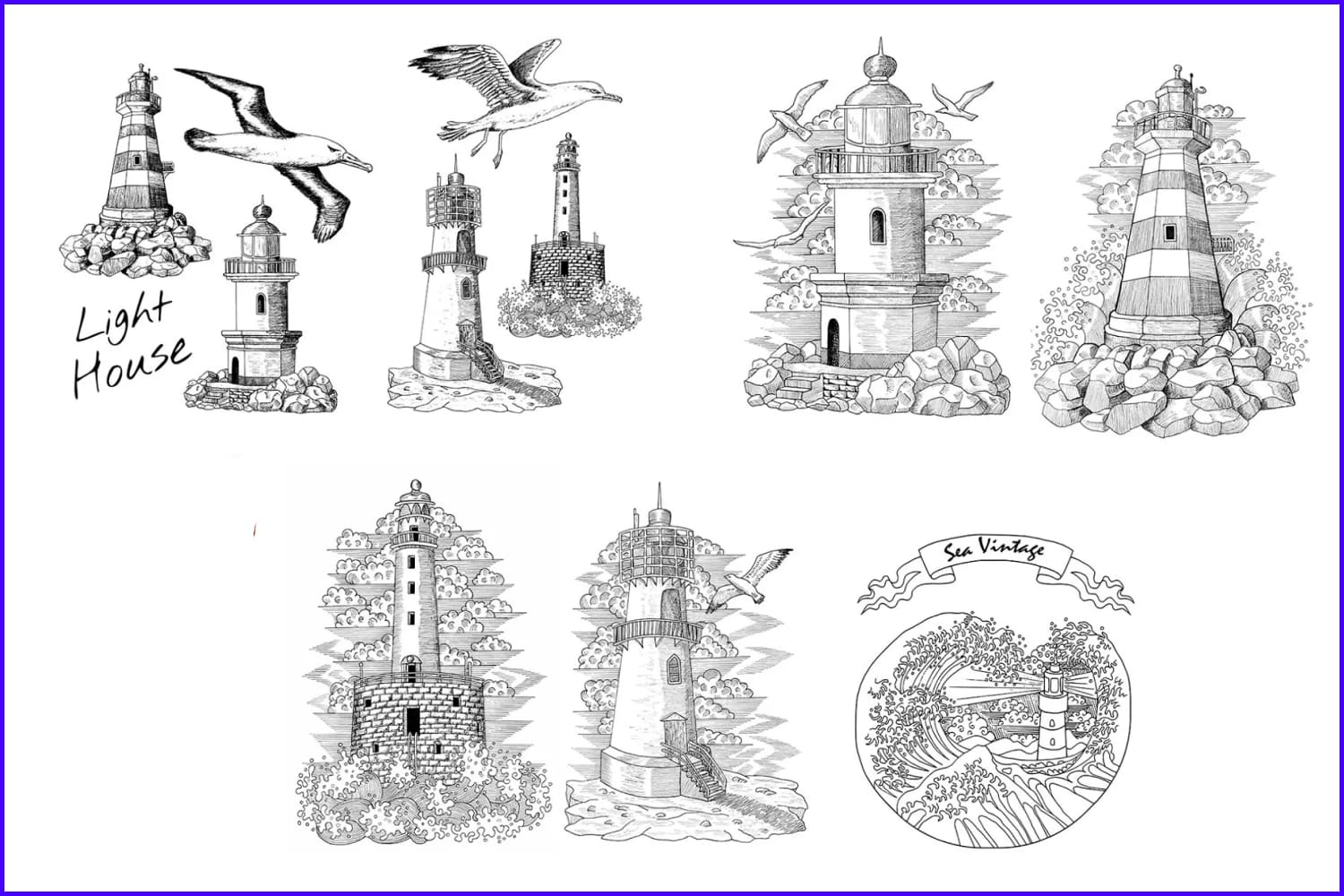 Collage of lighthouses and seagulls drawn in pencil.