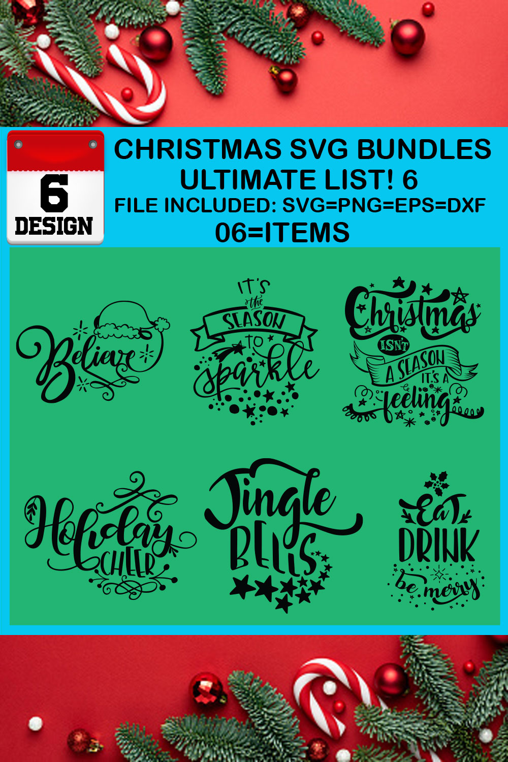 Christmas T-shirt SVG Design Bundles Ultimate List 6 Files pinterest preview image.