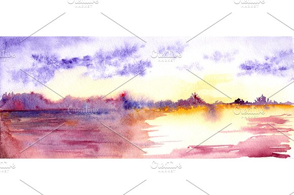 Watercolor purple sunset landscape cover image.