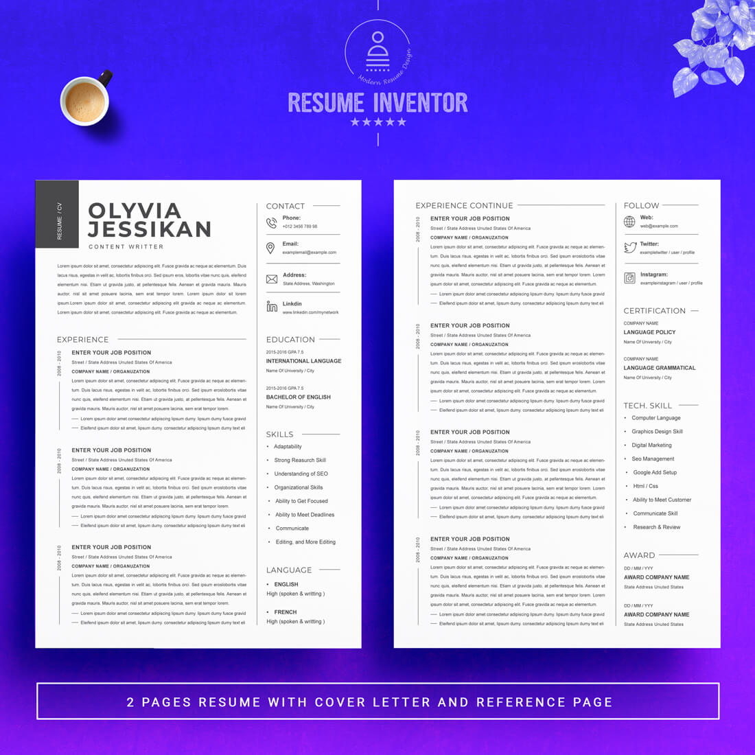 Content Writter Resume Template | Professional CV Template Design preview image.