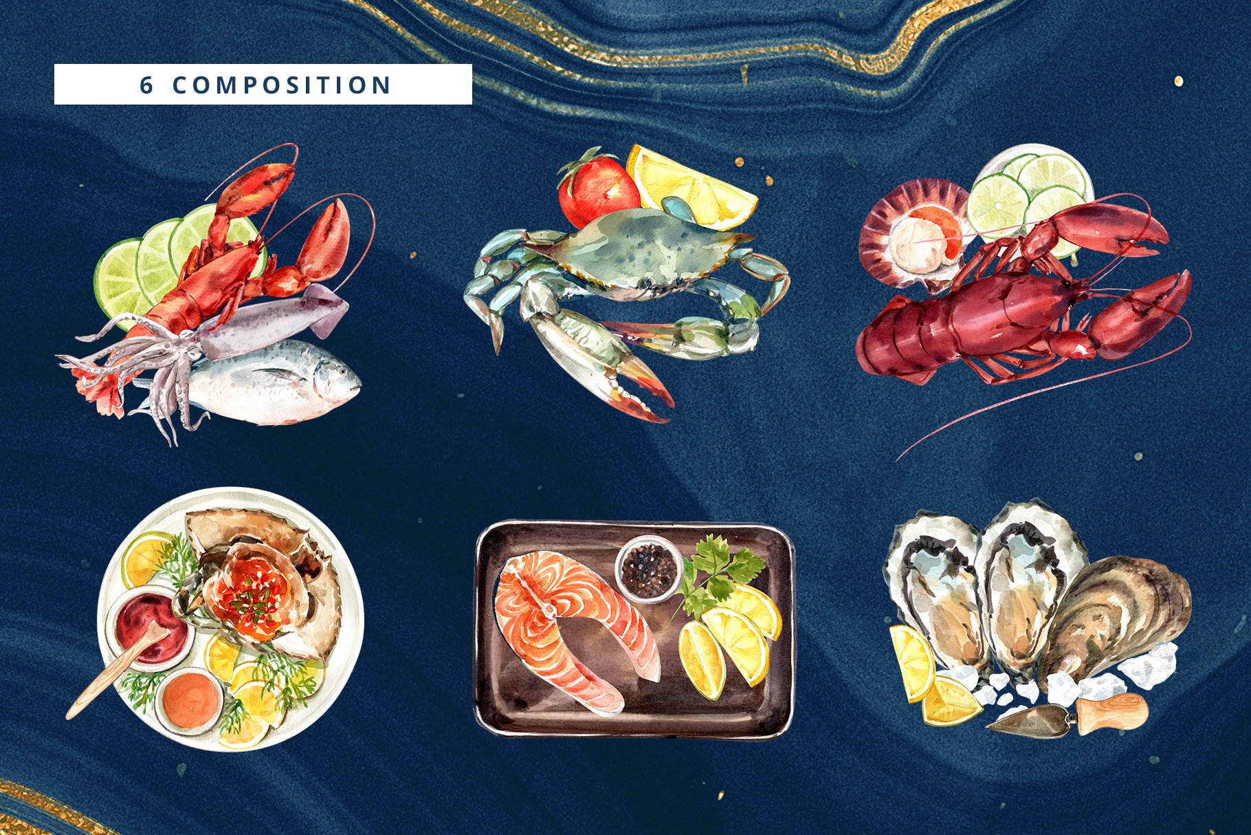 Seafood Watercolor Illustration set preview image.