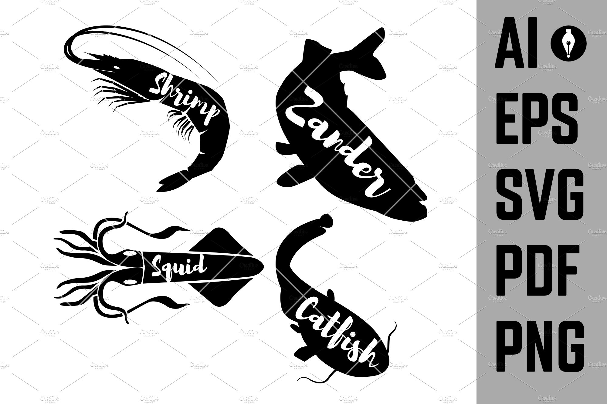 Set of seafood silhouettes preview image.