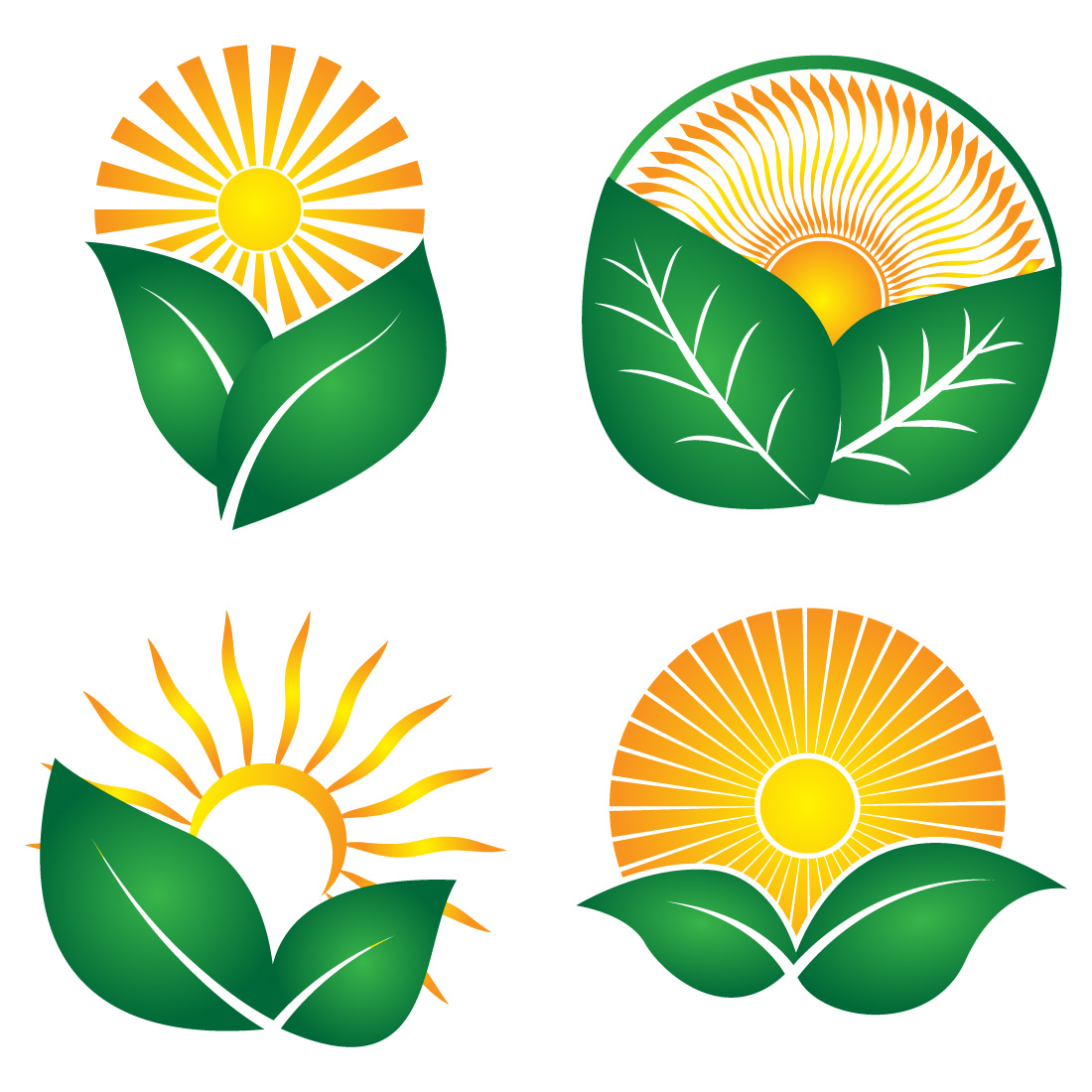 Green Nature Farm Logo Design Set Abstract Vector Sun and Leaf Logo preview image.