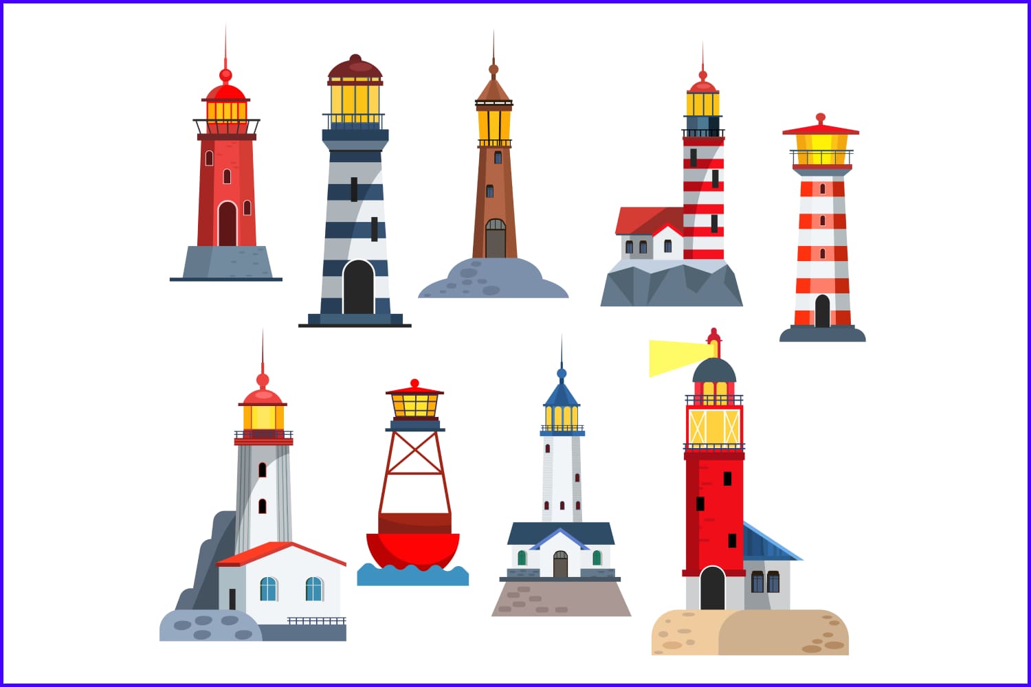 Collage of painted multi-colored lighthouses of different architecture.
