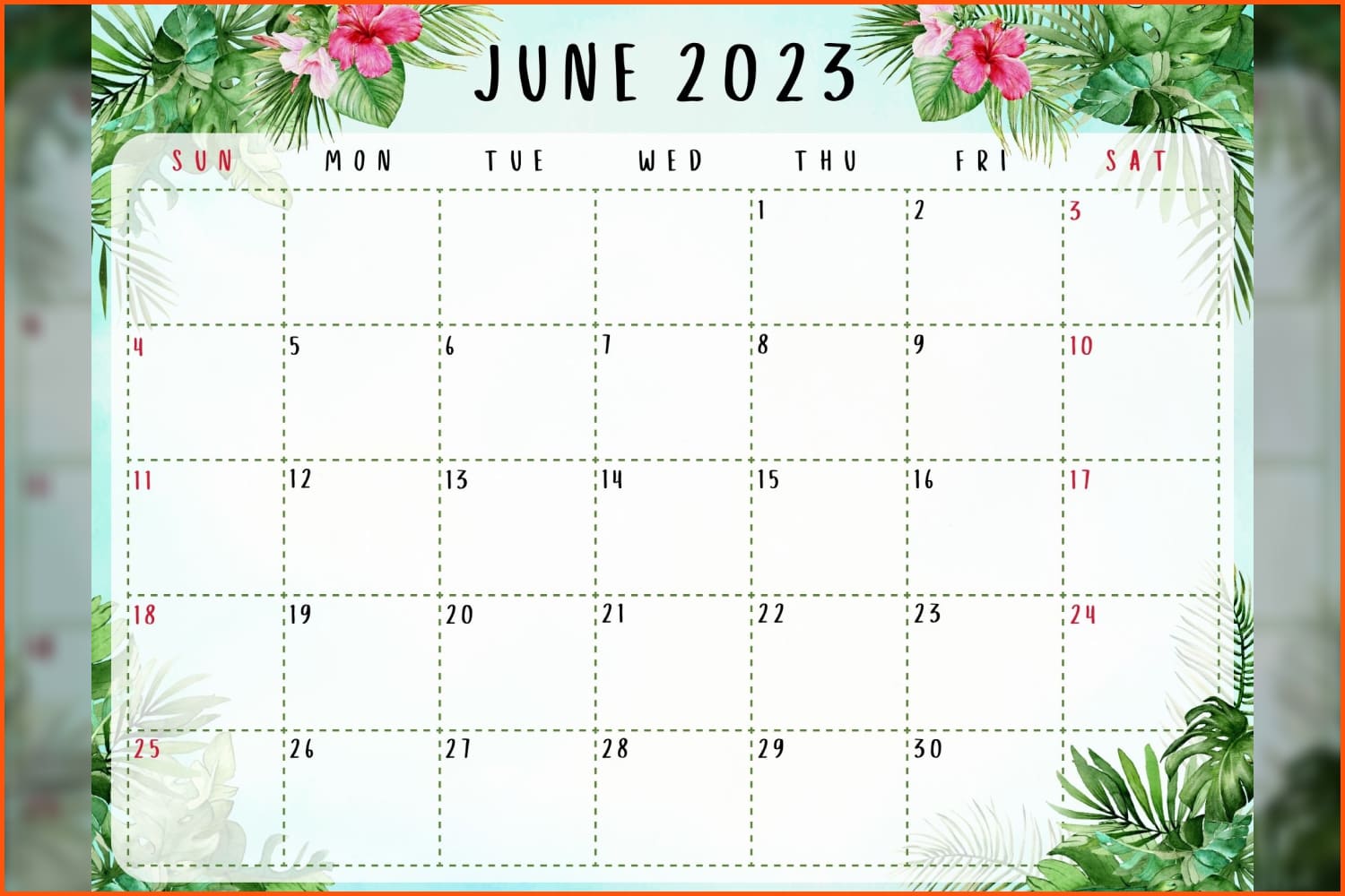 Calendar for June framed by flowers and green leaves.