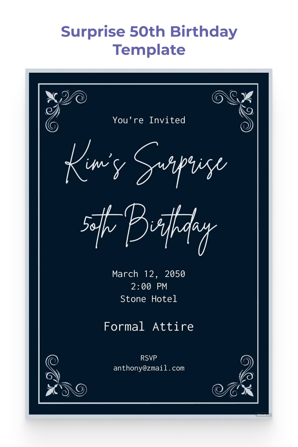 Birthday invitation with white handwritten text and dark background.