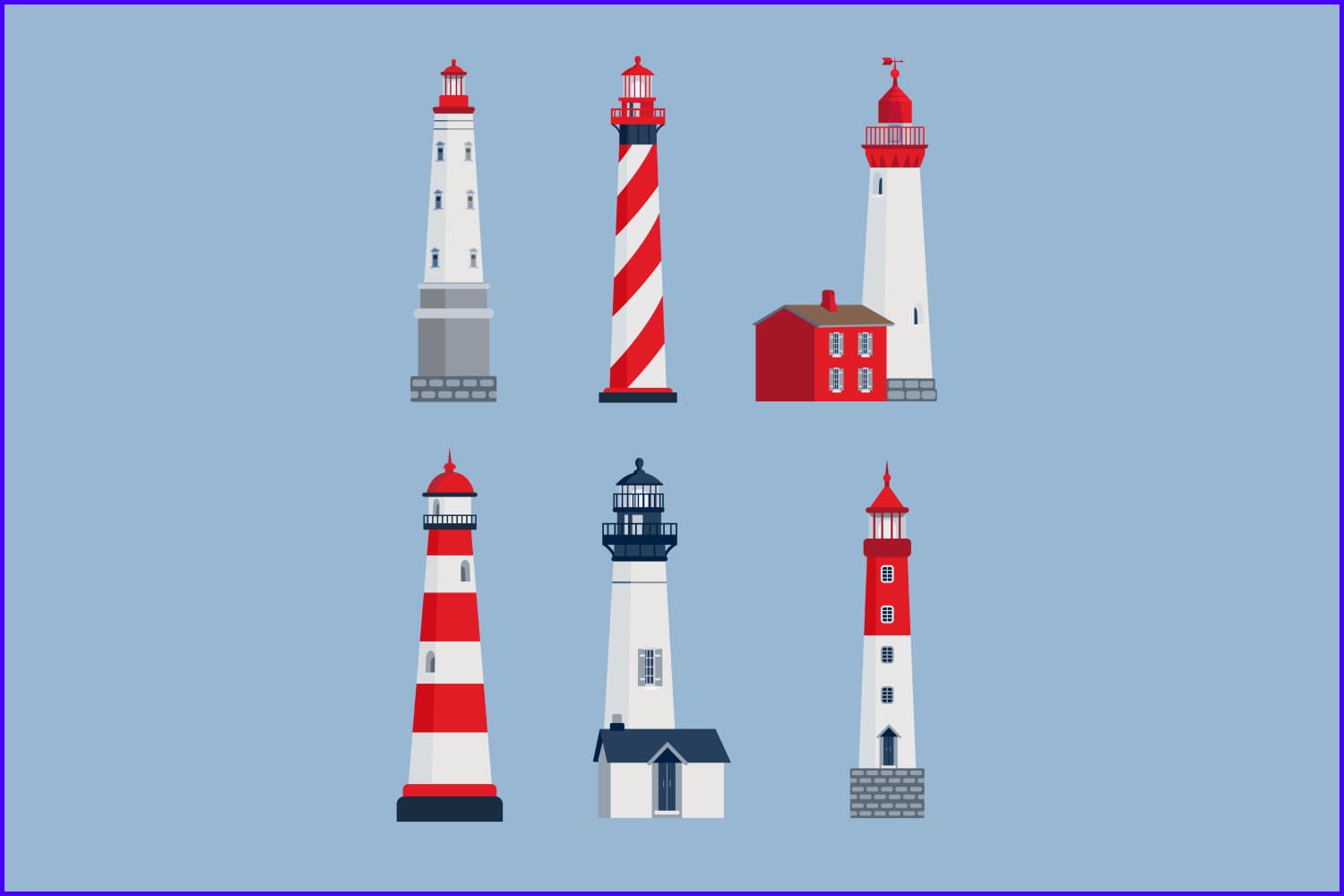 Collage of painted multicolored tall lighthouses on a blue background.