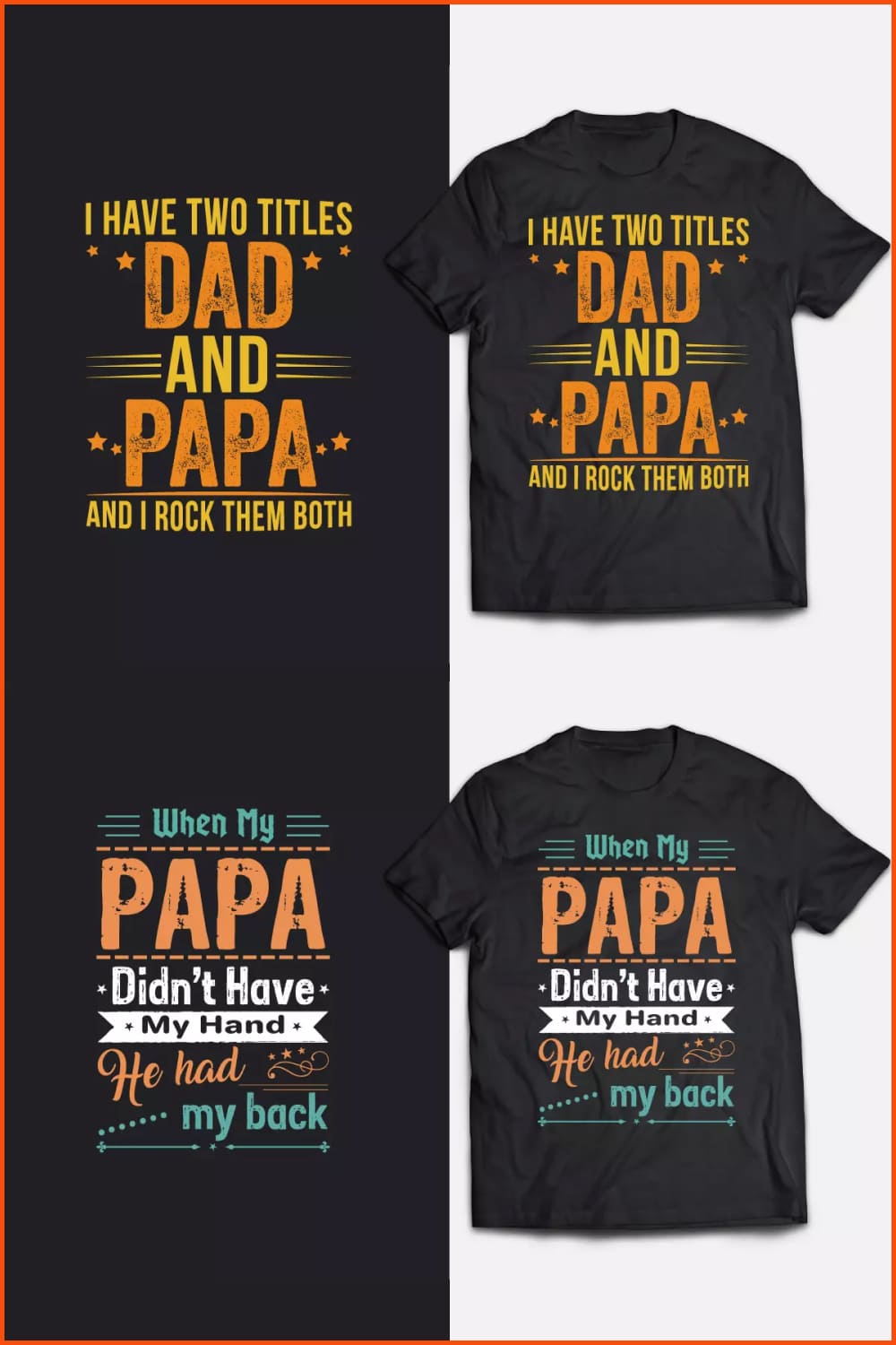 Collage of multi-colored inscriptions about dad on black t-shirts.