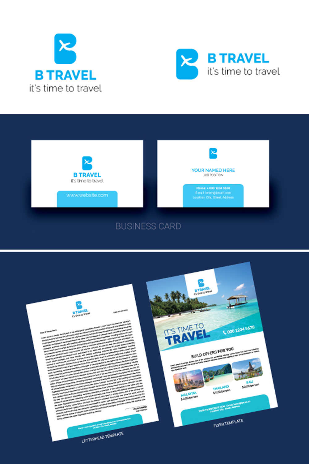 One Travel Logo, One Business Card, One Letter Head and One Flyer Template Design Bundle pinterest preview image.