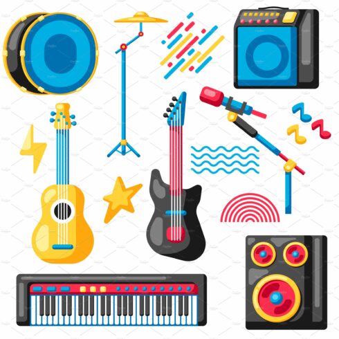 Set of musical instruments. Music cover image.