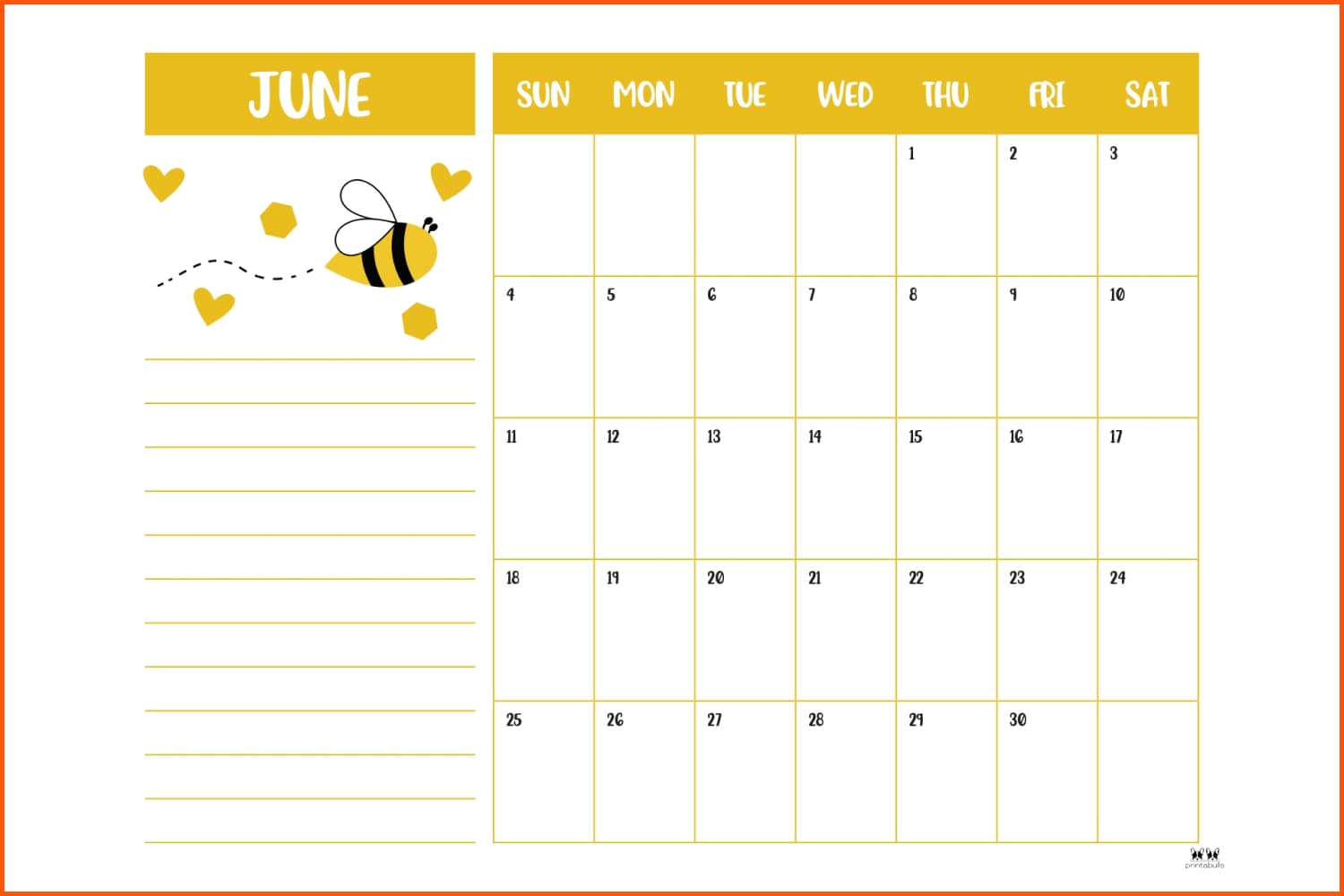 June calendar with drawing of the bee.
