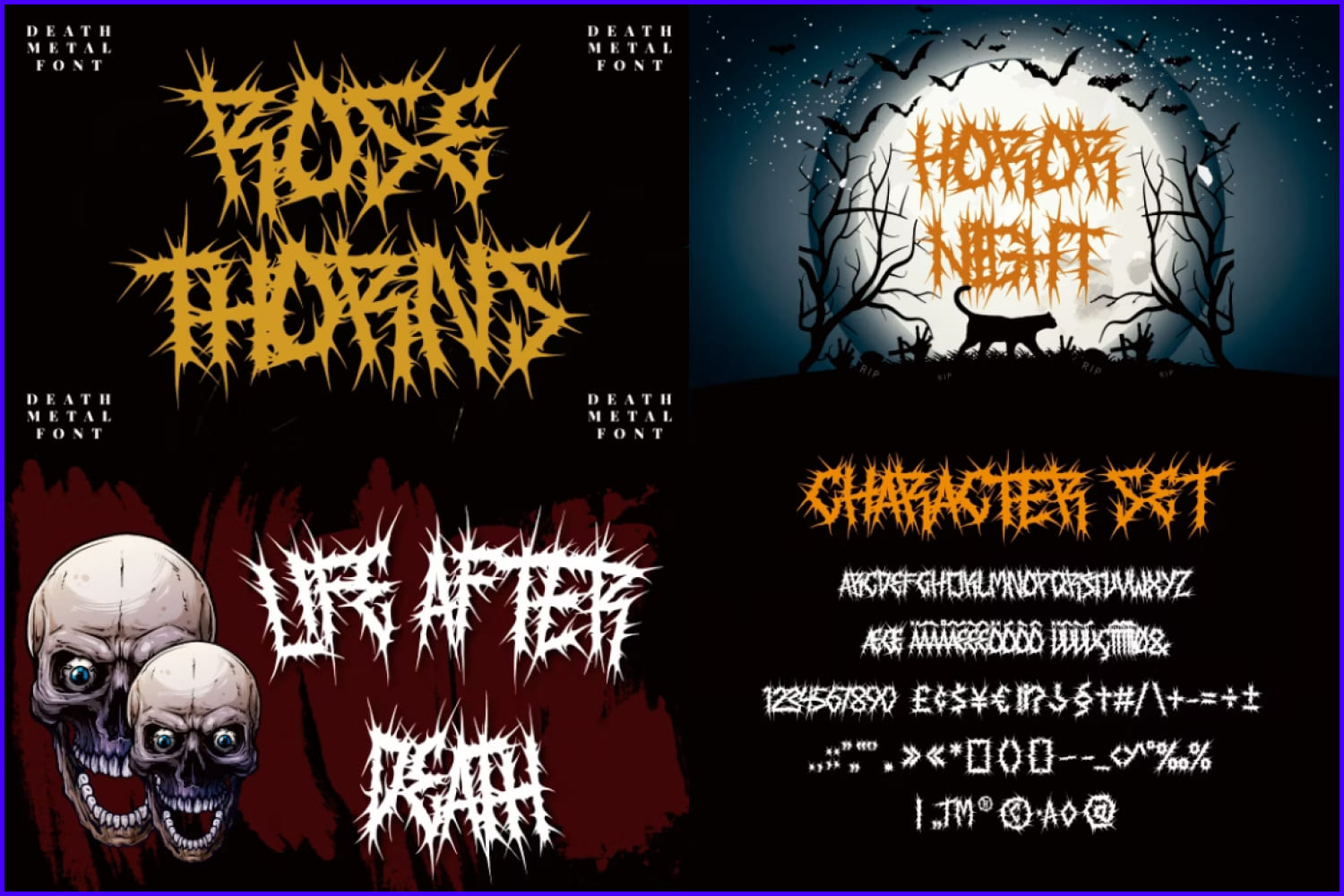 A collage of pictures with examples of the use of font on a black background, against the backdrop of the moon and skulls.