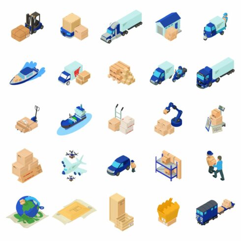 Postal icons set, isometric style cover image.