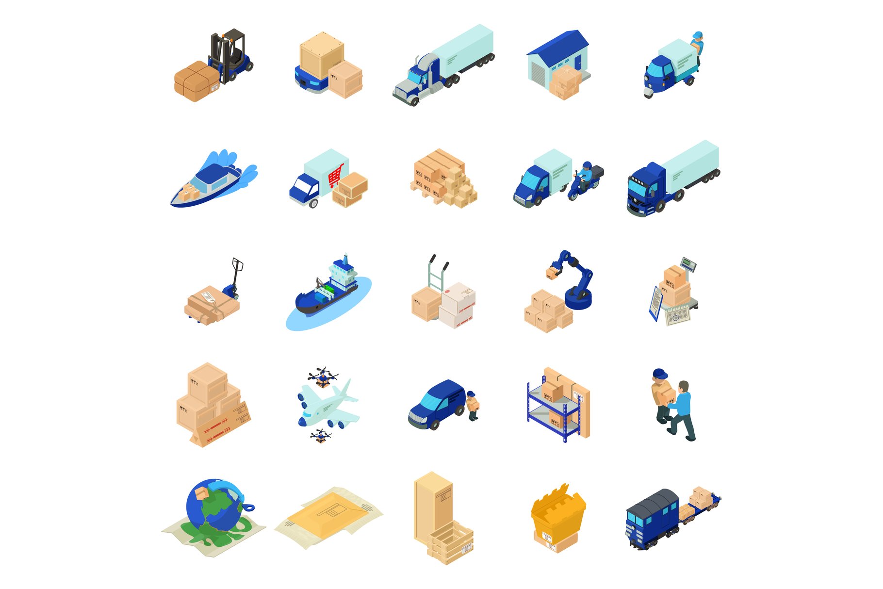 Postal icons set, isometric style cover image.