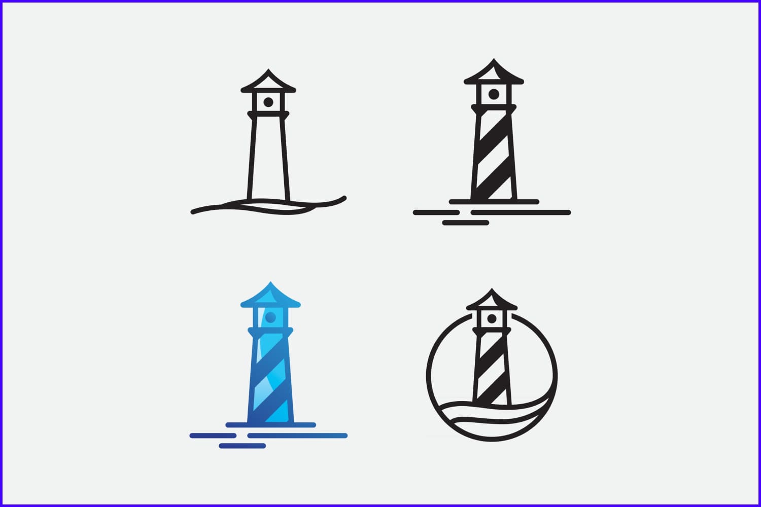 Collage of drawn silhouettes of lighthouses with stripes.