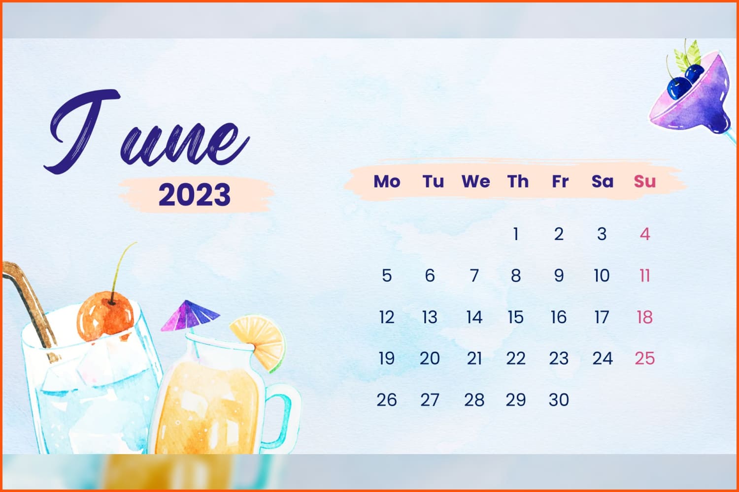 Calendar for june sun with a blue background and drawings of drinks in glasses.