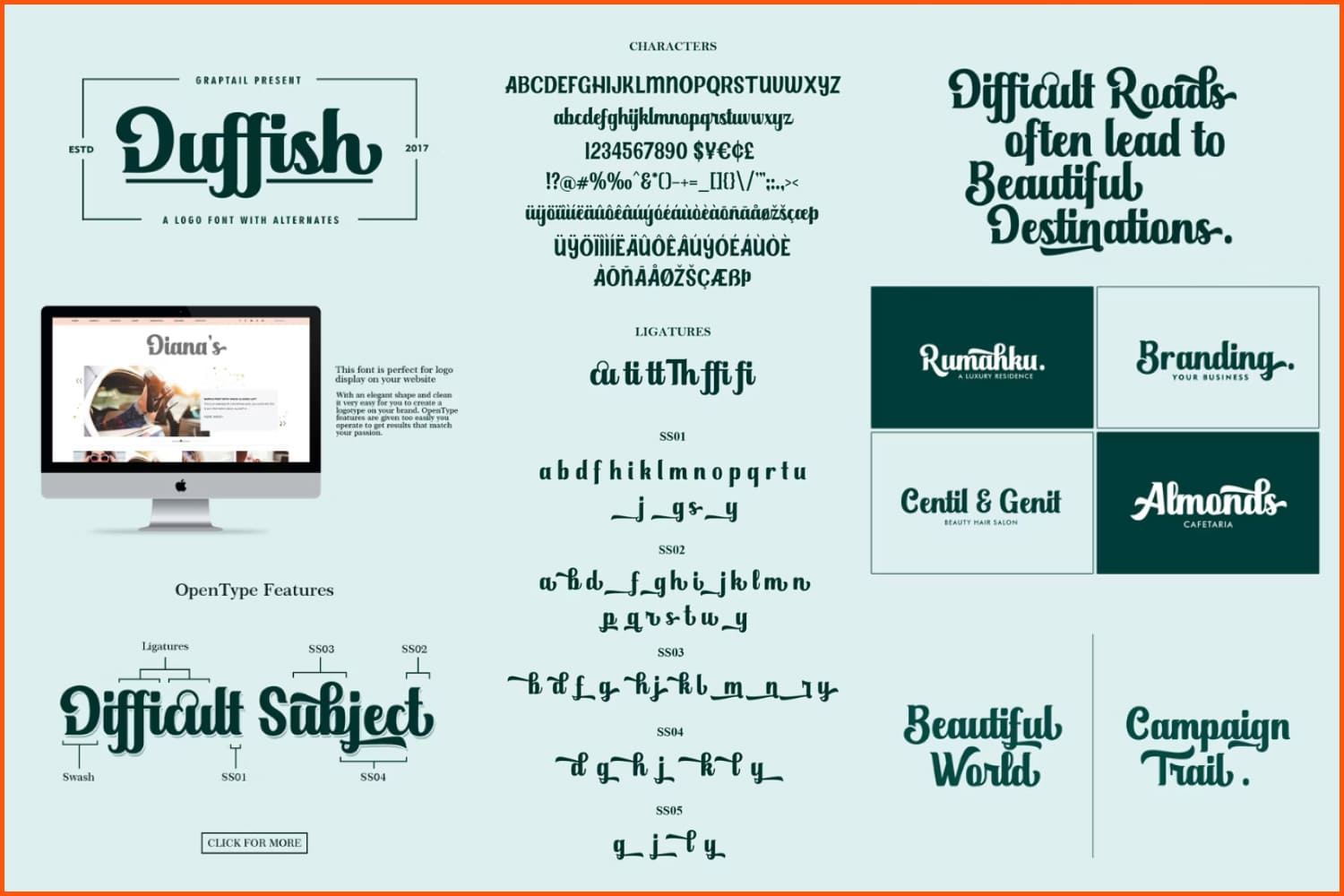 Green Text in Duffish fonts on a light background.
