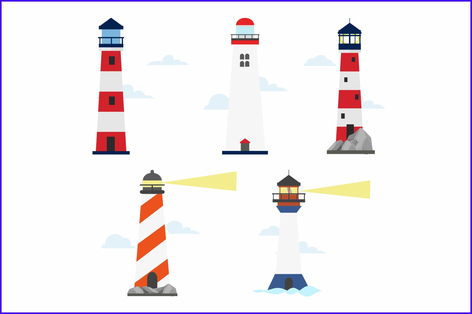 Collage of painted lighthouses with white and white-red stripes.