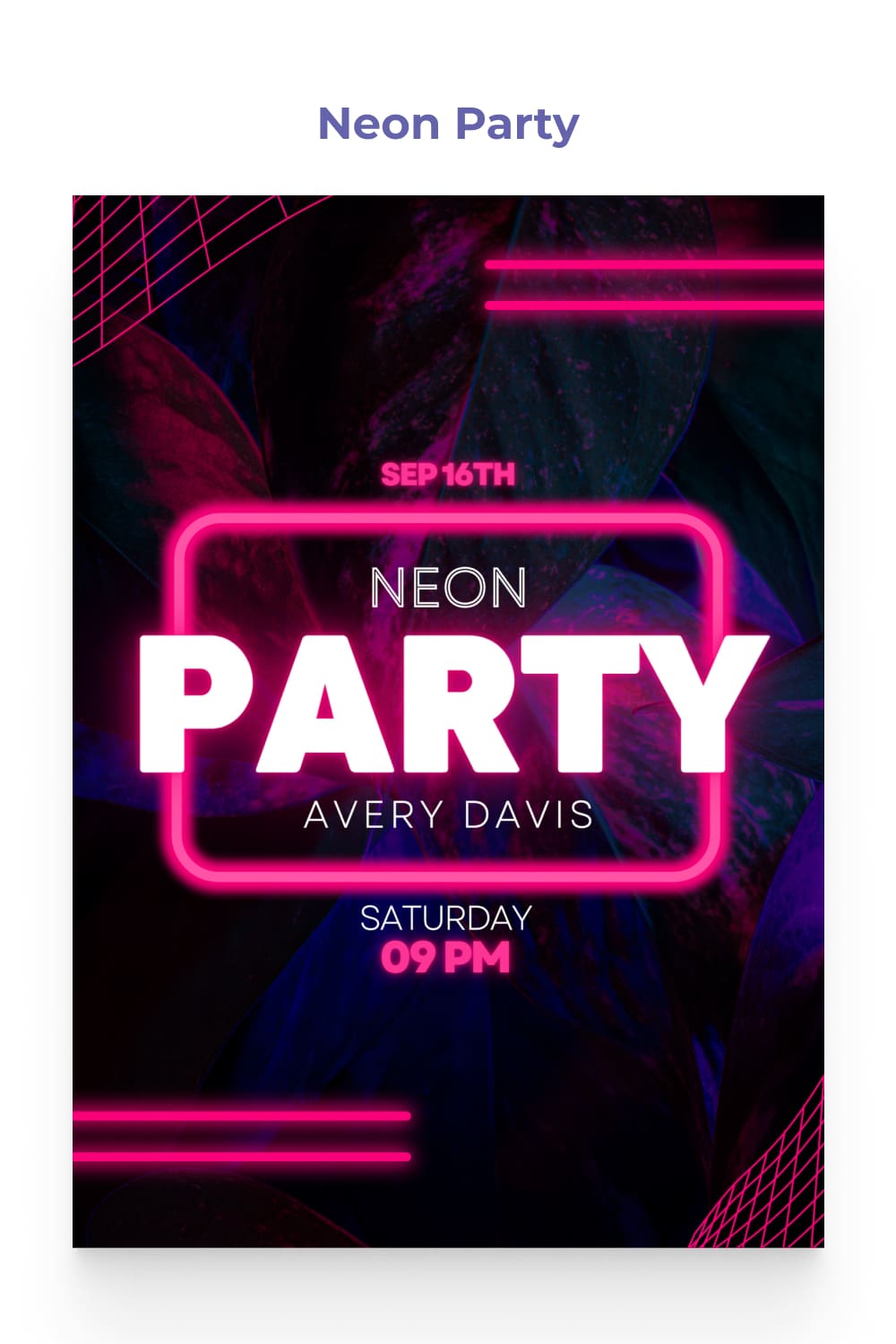 Party invitation with neon lines and text.