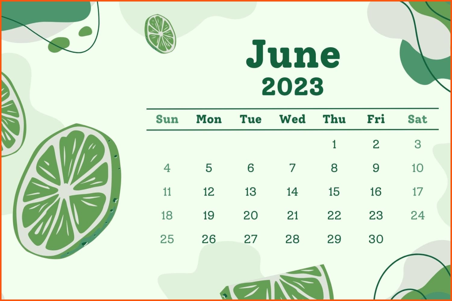 June calendar with green background and drawings of lemon slices.