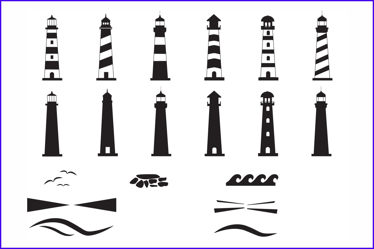 Collage of black and white lighthouses with stripes and clipart.