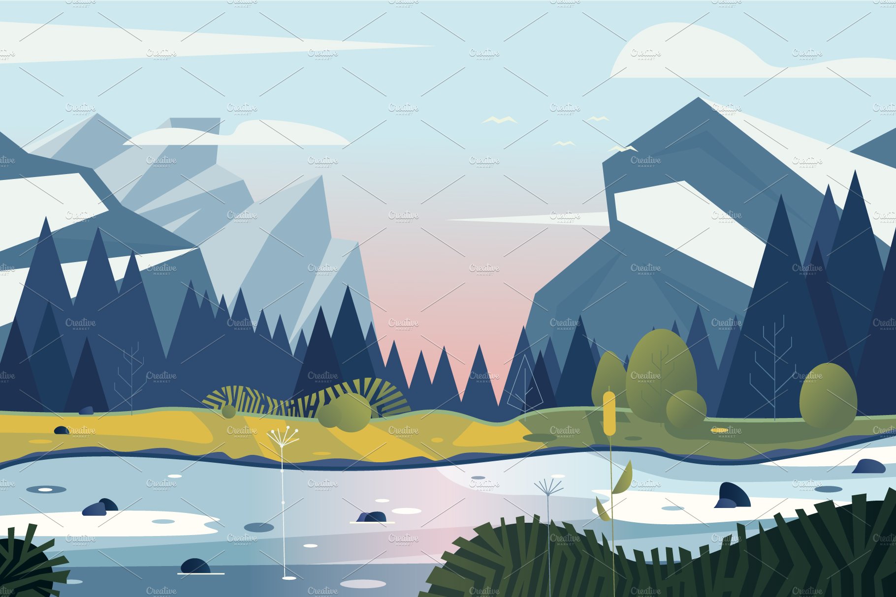 vector landscape with mountains and cover image.