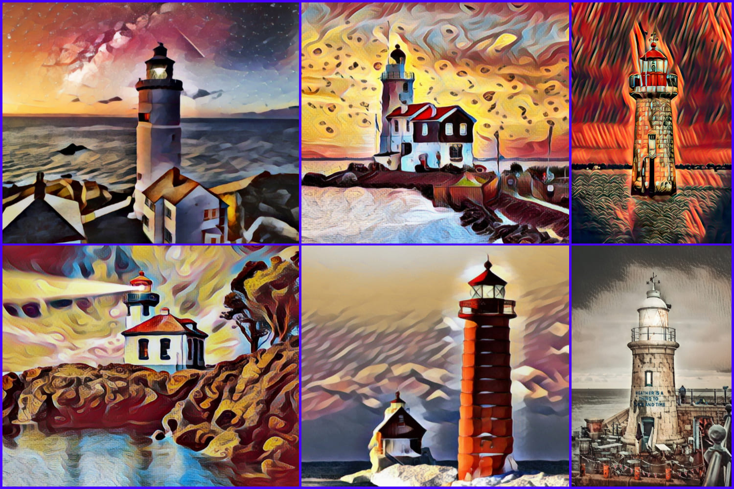 Collage of drawings of different lighthouses on the shore of reservoirs.