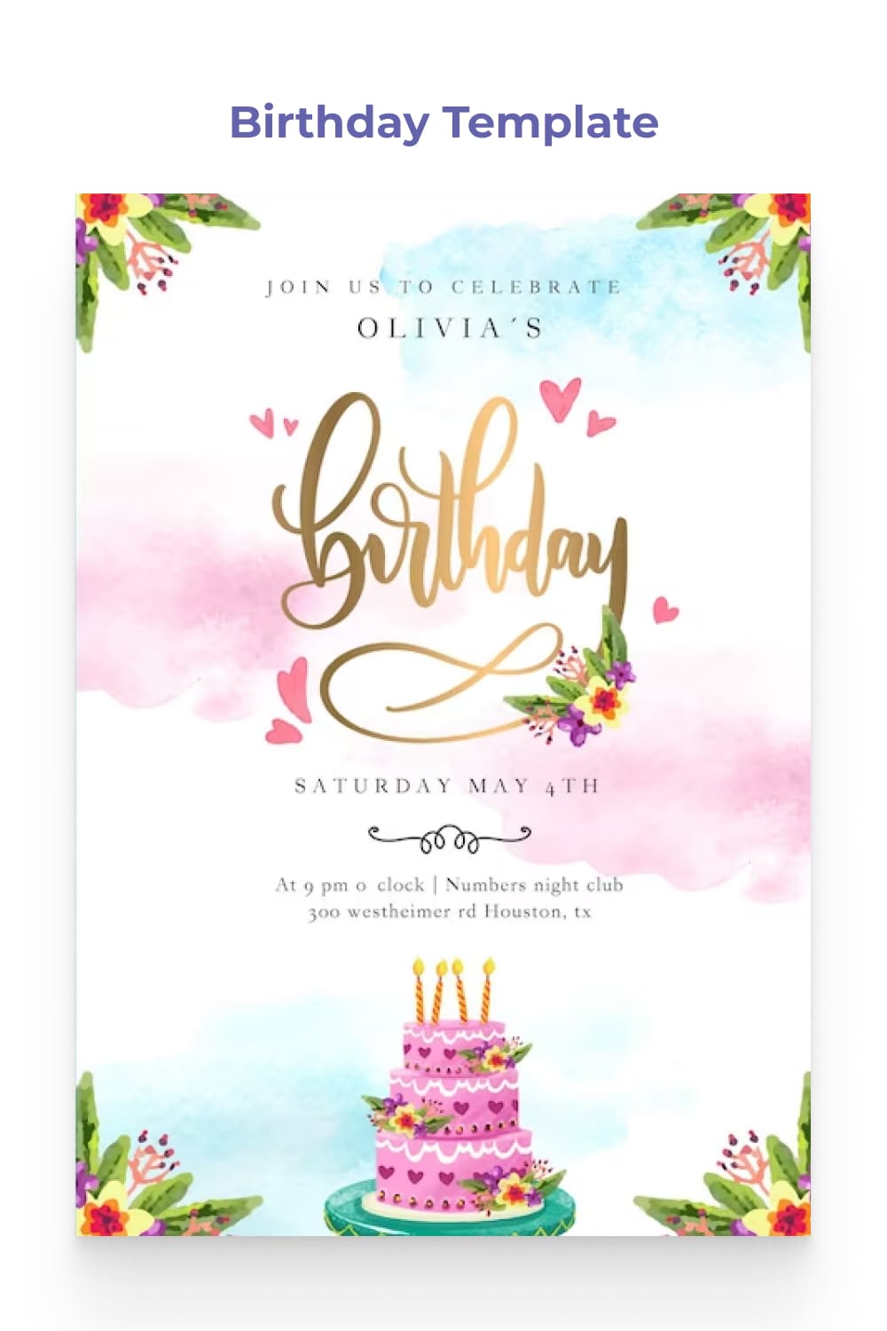 Birthday invitation with cake pattern and pink clouds.