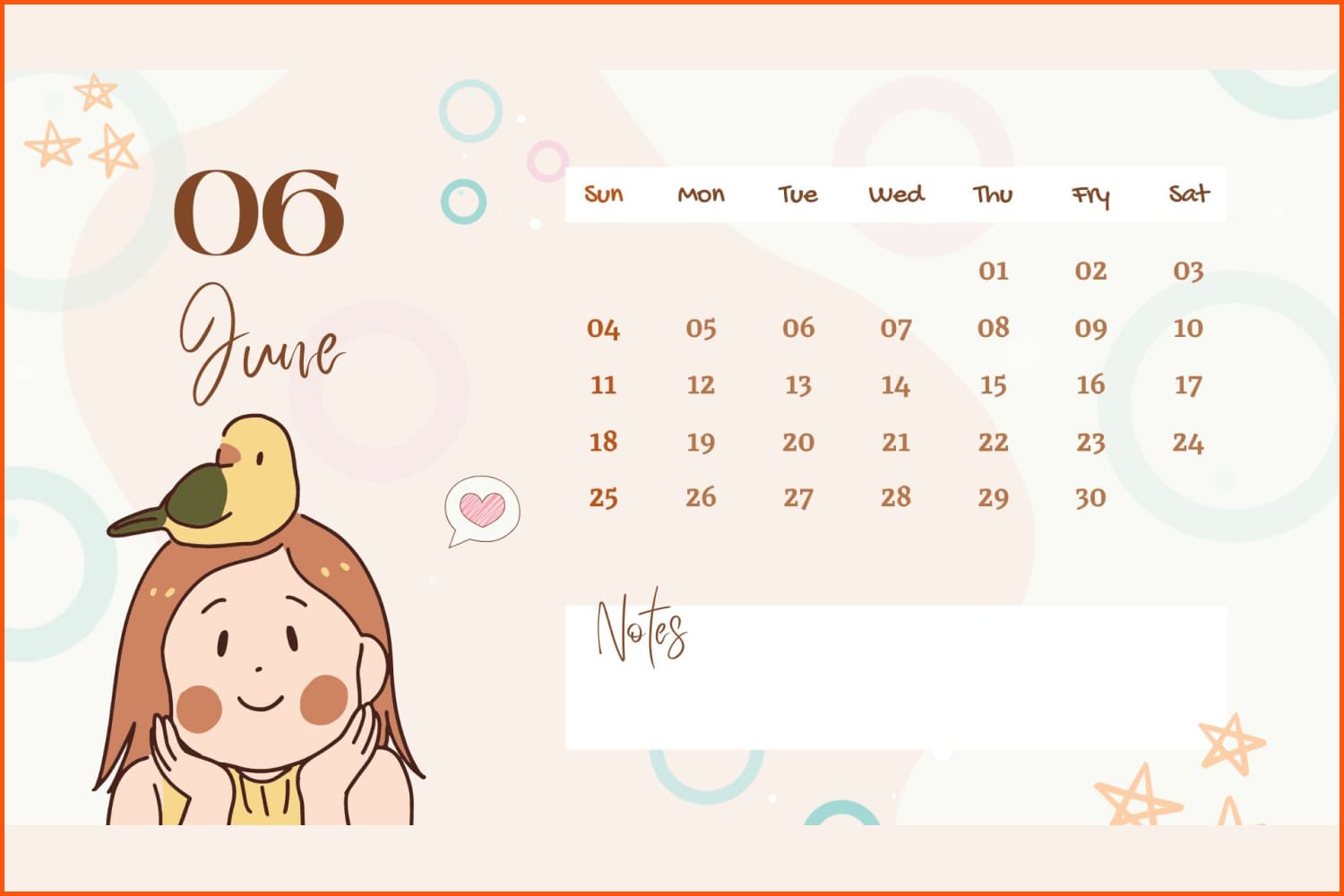 Calendar for June with a cream background and a picture of a girl with a bird on her head.
