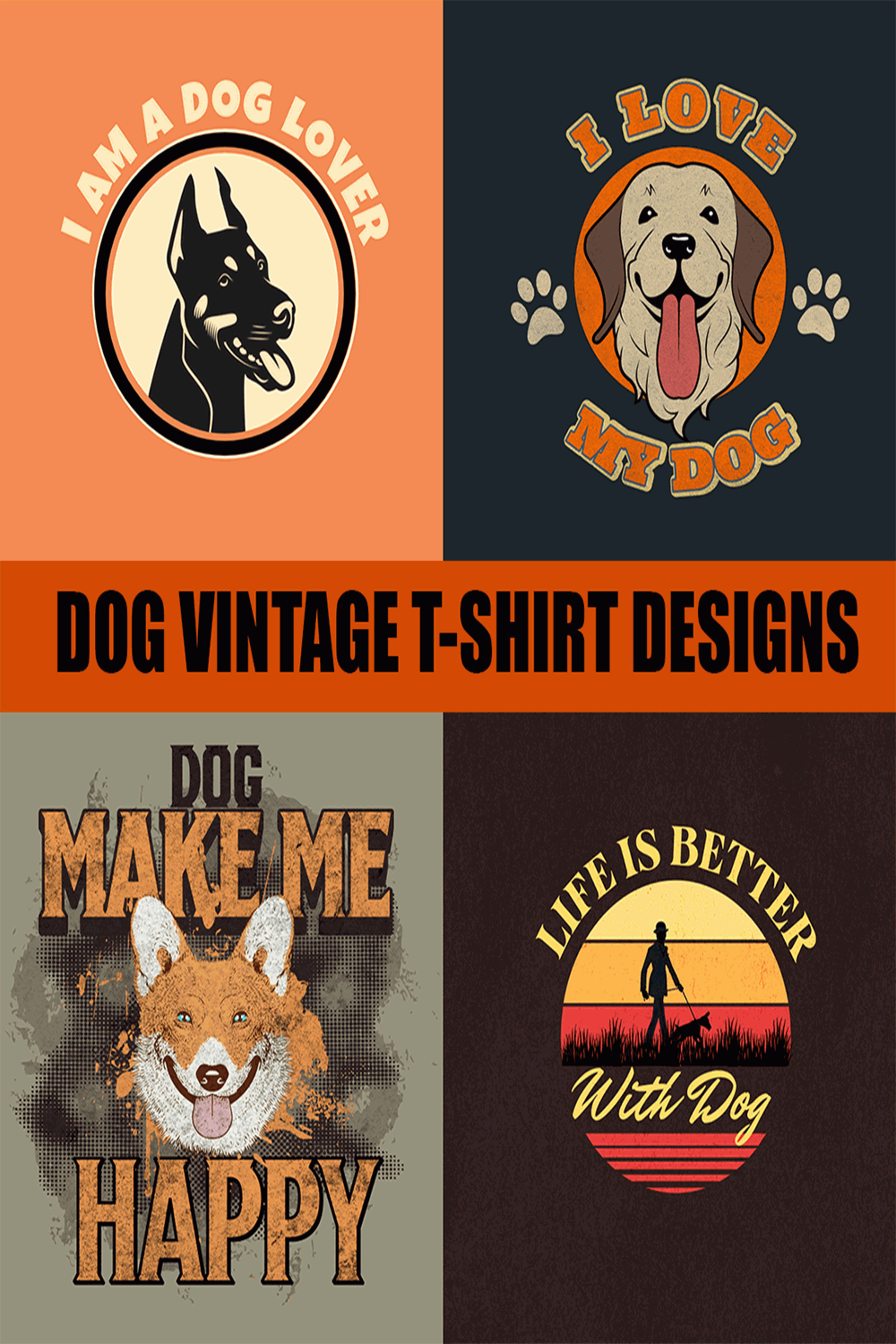 Dog vintage T-shirt designs bundle pinterest preview image.