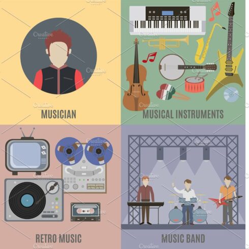 Music band and musical instruments cover image.