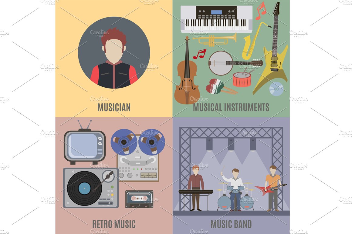Music band and musical instruments cover image.