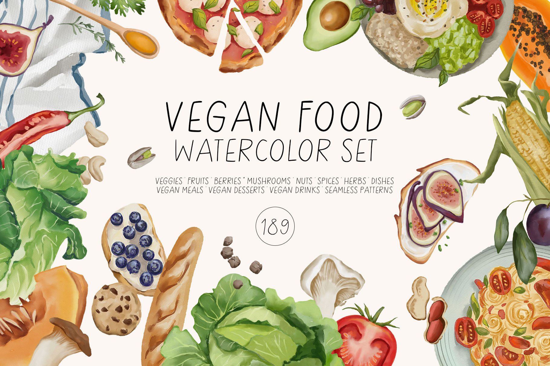 VEGAN FOOD watercolor set cover image.