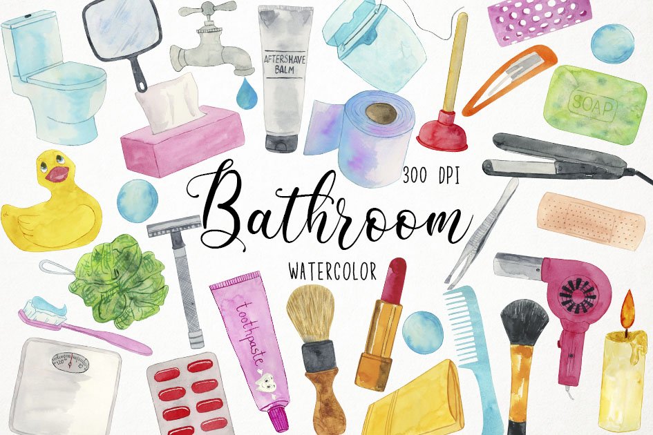 Watercolor Bathroom Clipart cover image.