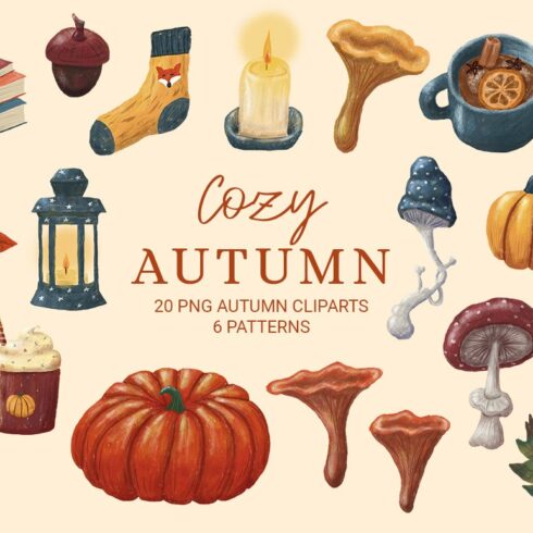 Cozy autumn cliparts, fall set, png cover image.