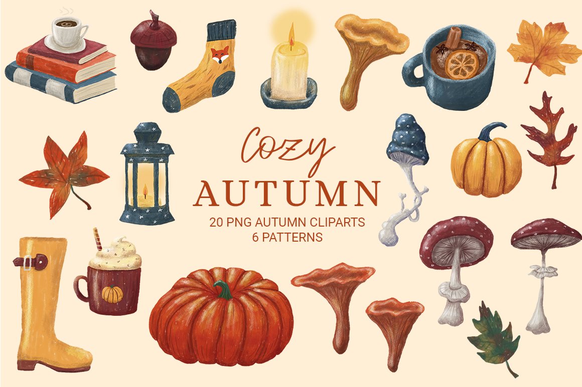 Cozy autumn cliparts, fall set, png cover image.