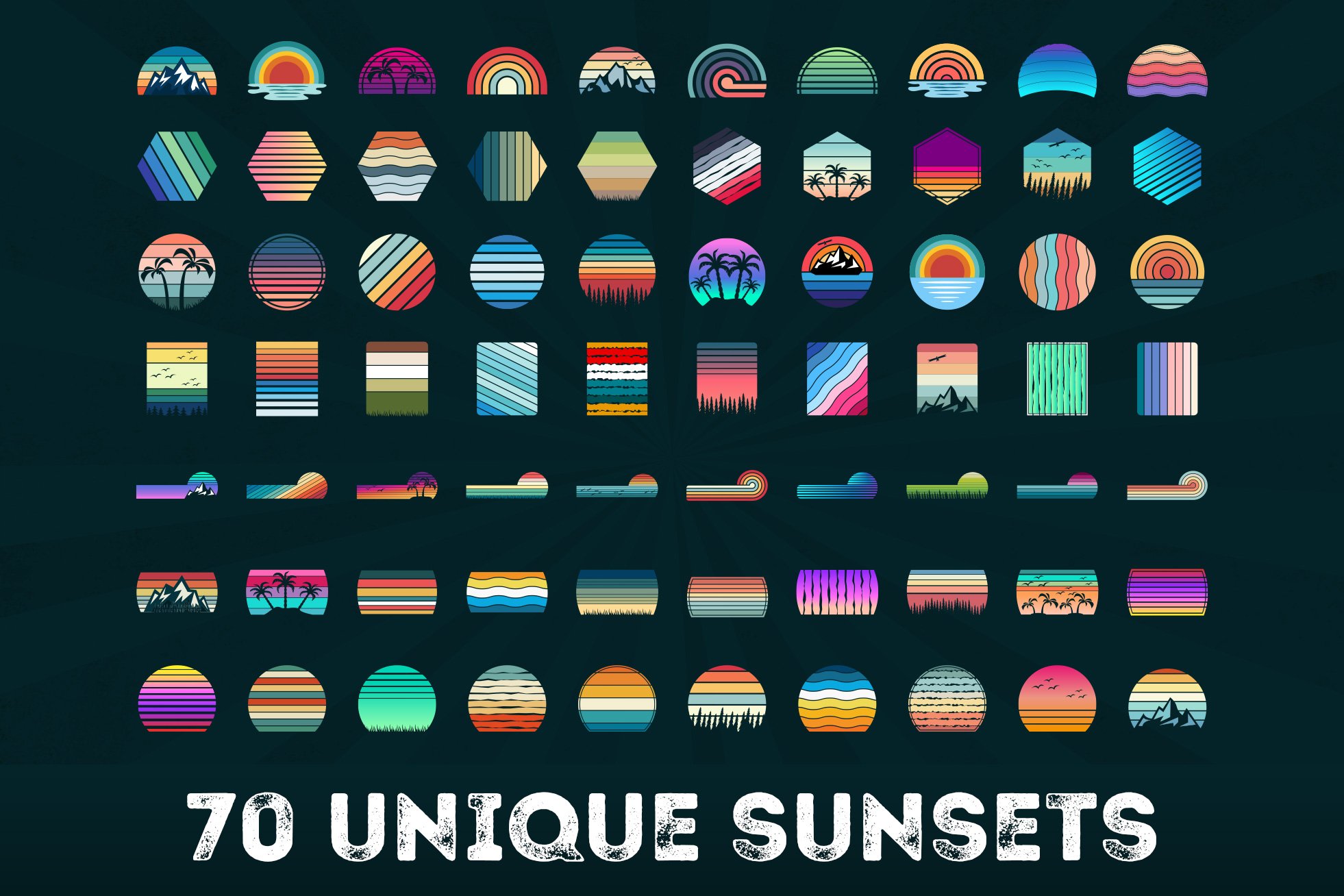 70 Vintage Sunset Bundle SVG PNG PDF preview image.