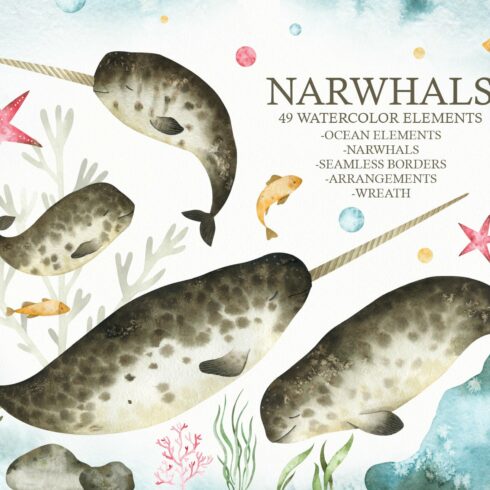 Watercolor Narwhals Clipart cover image.